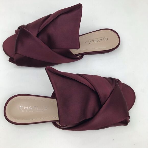 Charles David Burgundy Satin Wrap Knot Open Toe Slide Flats - Picture 7 of 14